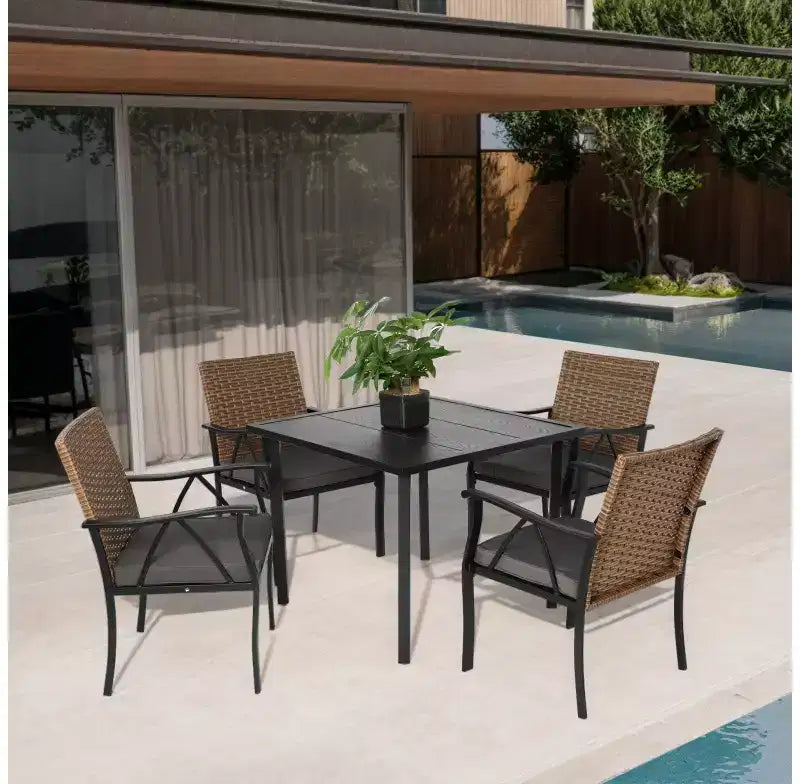 Whisen 5-Piece Wicker Outdoor Table and Chairs, Patio Dining Table and Chairs Set with Square steel Tabletop