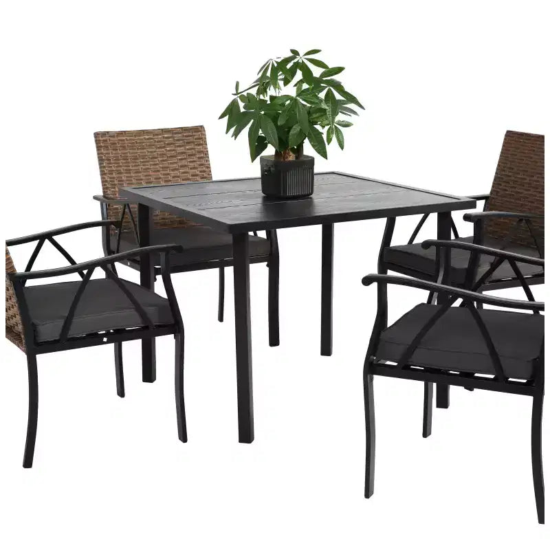 Table et chaises d'extérieur en osier 5 pièces Whisen, ensemble table et chaises de salle à manger de patio avec plateau de table carré en acier