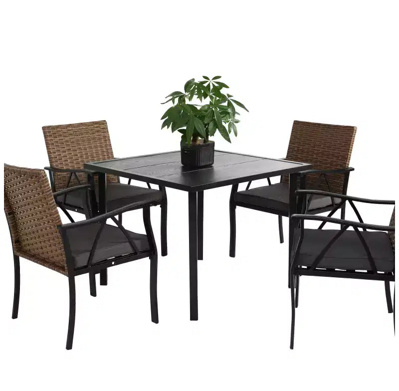 Table et chaises d'extérieur en osier 5 pièces Whisen, ensemble table et chaises de salle à manger de patio avec plateau de table carré en acier