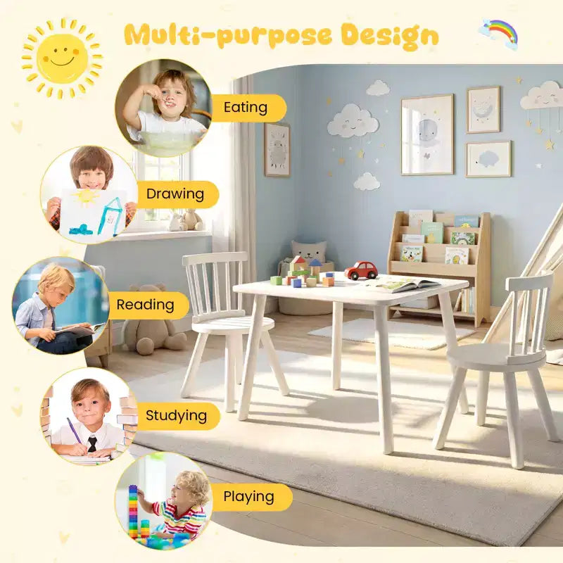 Ensemble mobilier 3 pièces Costway pour enfant avec cadre en bois de pin et sièges ronds à dossier incurvé pour jouer