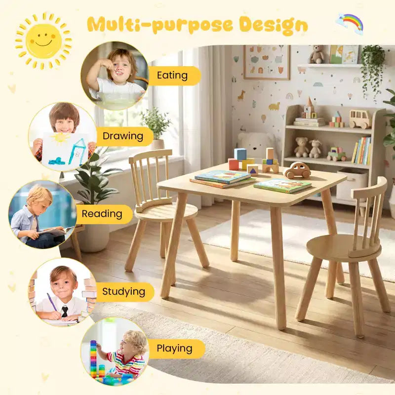 Ensemble mobilier 3 pièces Costway pour enfant avec cadre en bois de pin et sièges ronds à dossier incurvé pour jouer