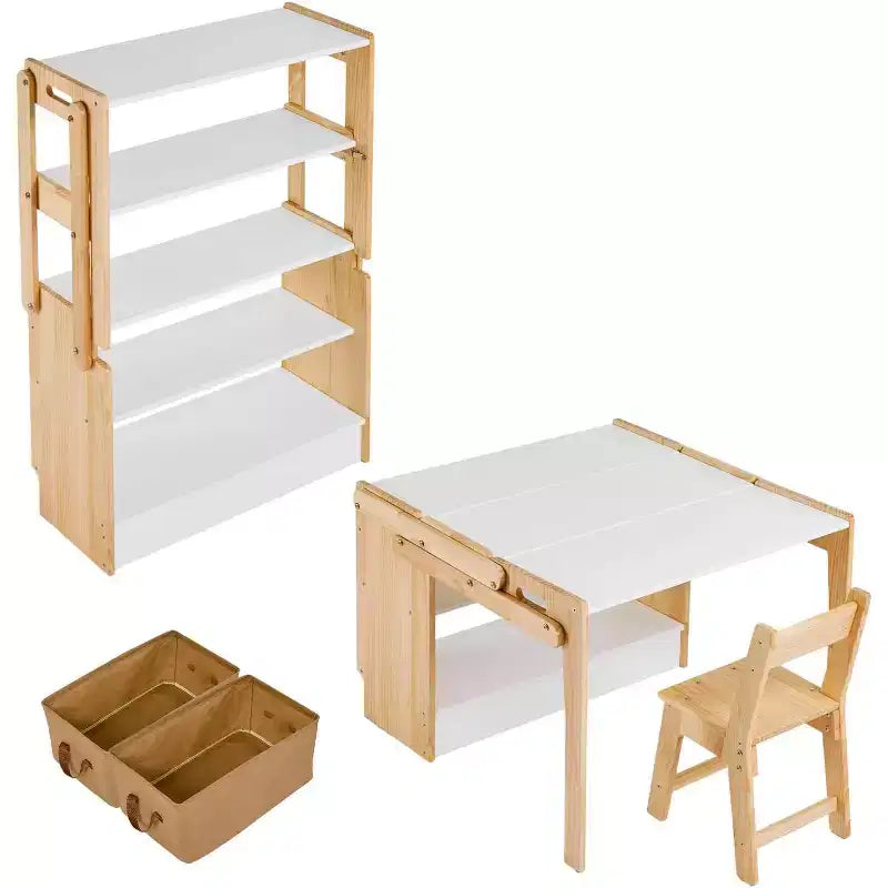 27.5 in Convertible Activity Table to Storage Shelves, Craft Play Desk with 2 Storage Box, Folding Art Table and 1 Chair Set, for School Home