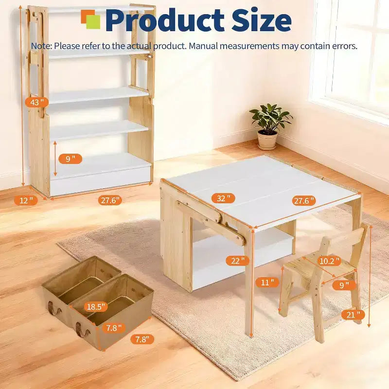 Table d'activités convertible en étagères de rangement de 69,85 cm, Bureau de jeu créatif avec 2 boîtes de rangement, Table d'art pliable et 1 Chaise, pour l'école et la maison