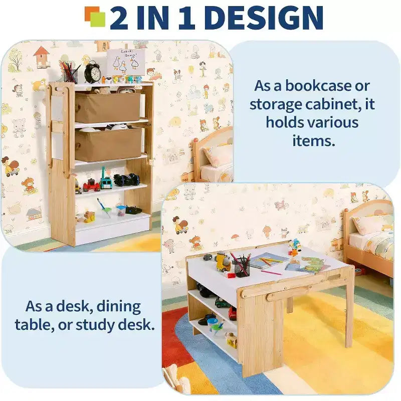 Table d'activités convertible en étagères de rangement de 69,85 cm, Bureau de jeu créatif avec 2 boîtes de rangement, Table d'art pliable et 1 Chaise, pour l'école et la maison