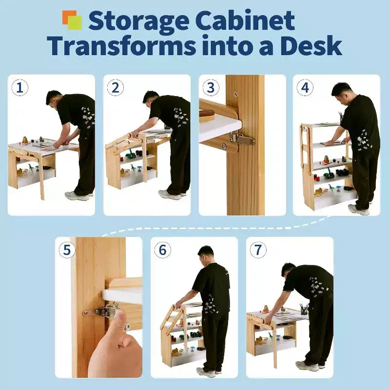 Table d'activités convertible en étagères de rangement de 69,85 cm, Bureau de jeu créatif avec 2 boîtes de rangement, Table d'art pliable et 1 Chaise, pour l'école et la maison