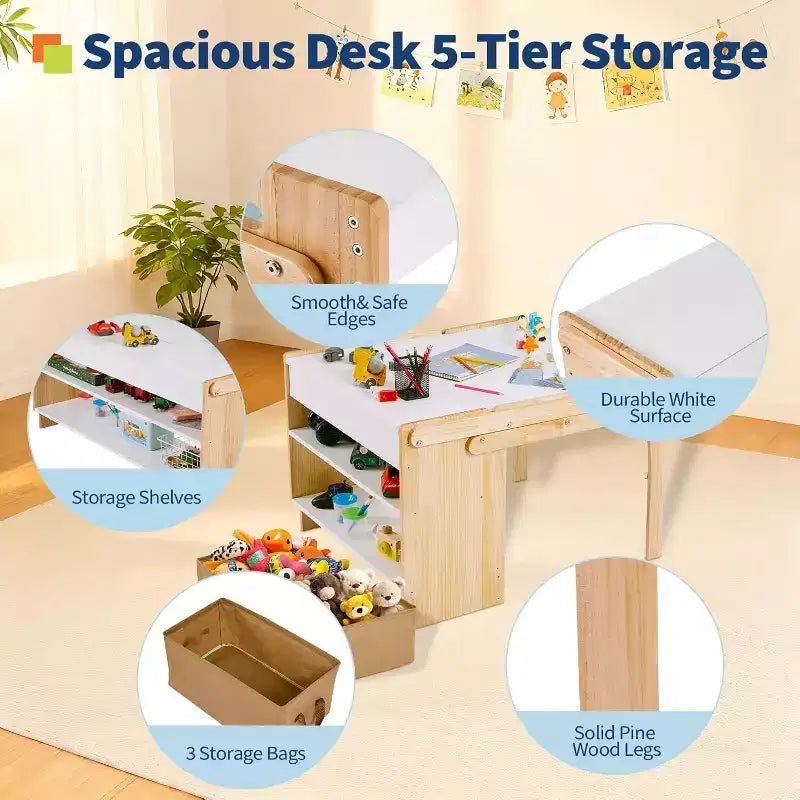 Table d'activités convertible en étagères de rangement de 69,85 cm, Bureau de jeu créatif avec 2 boîtes de rangement, Table d'art pliable et 1 Chaise, pour l'école et la maison