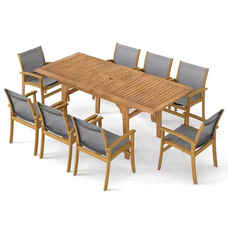 Costway Ensemble de salle à manger d'extérieur 9 pièces en bois d'acacia avec trou pour parasol de 5 cm pour jardin, cour arrière