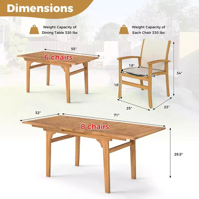 Costway Ensemble de salle à manger d'extérieur 9 pièces en bois d'acacia avec trou pour parasol de 5 cm pour jardin, cour arrière