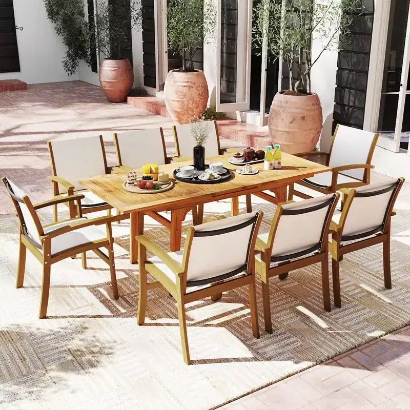Costway Ensemble de salle à manger d'extérieur 9 pièces en bois d'acacia avec trou pour parasol de 5 cm pour jardin, cour arrière