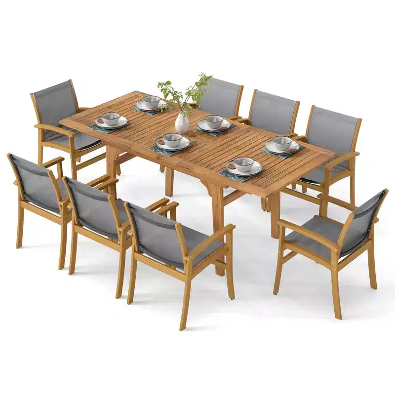 Costway Ensemble de salle à manger d'extérieur 9 pièces en bois d'acacia avec trou pour parasol de 5 cm pour jardin, cour arrière