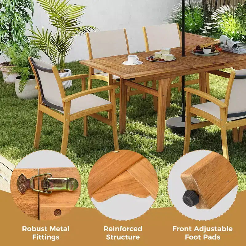 Costway Ensemble de salle à manger d'extérieur 9 pièces en bois d'acacia avec trou pour parasol de 5 cm pour jardin, cour arrière