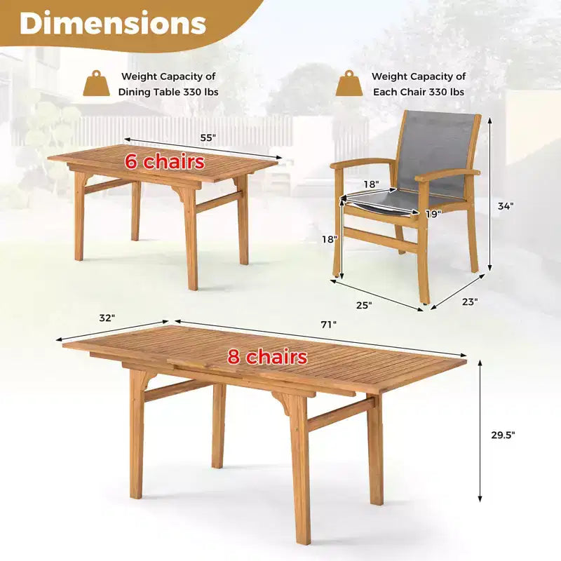 Costway Ensemble de salle à manger d'extérieur 9 pièces en bois d'acacia avec trou pour parasol de 5 cm pour jardin, cour arrière