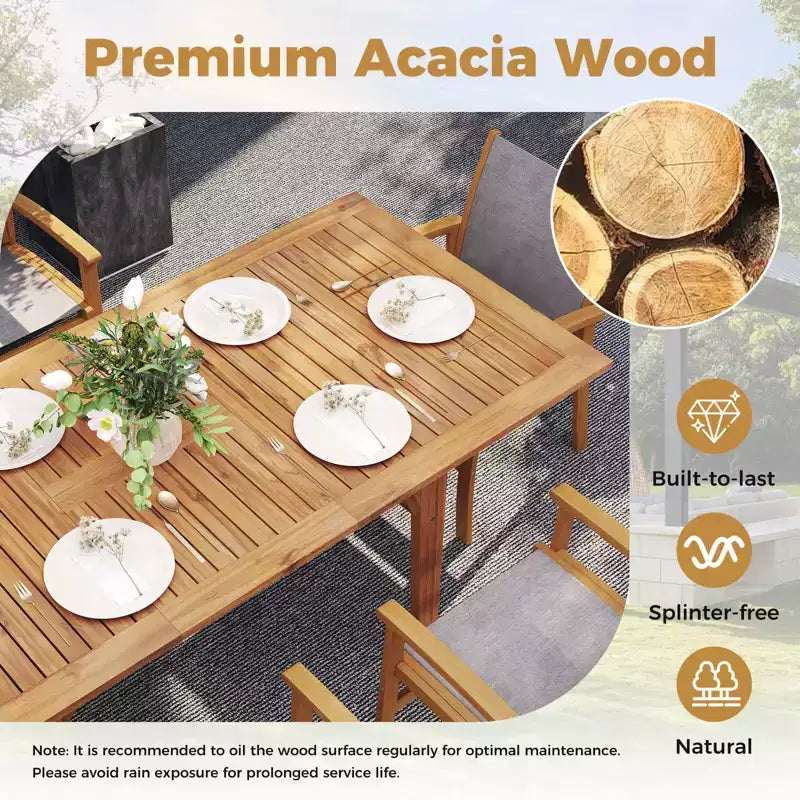 Costway Ensemble de salle à manger d'extérieur 9 pièces en bois d'acacia avec trou pour parasol de 5 cm pour jardin, cour arrière