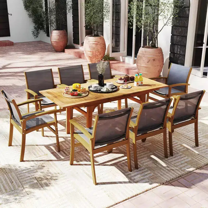 Costway 9PCS Acacia Wood Outdoor Dining Set with 1.97 Umbrella Hole for Backyard, Garden