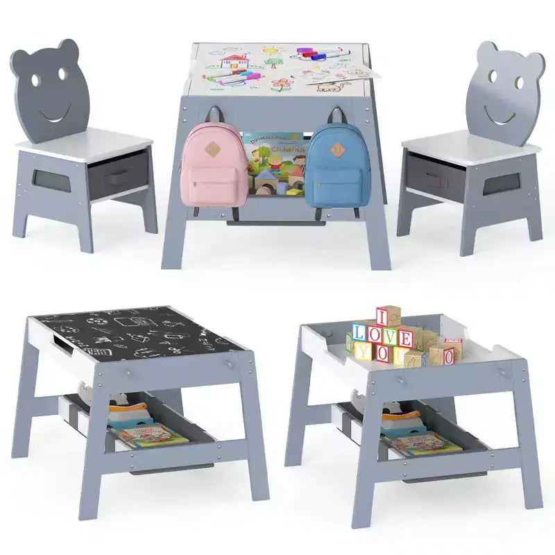 Costway Ensemble table et chaises 5 en 1 pour enfants avec tableau noir, tableau blanc, 3 bacs de rangement, 4 crochets gris + blanc/naturel + blanc + orange