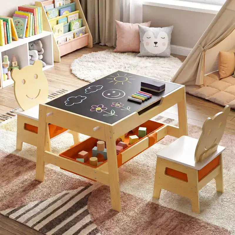 Costway Ensemble table et chaises 5 en 1 pour enfants avec tableau noir, tableau blanc, 3 bacs de rangement, 4 crochets gris + blanc/naturel + blanc + orange