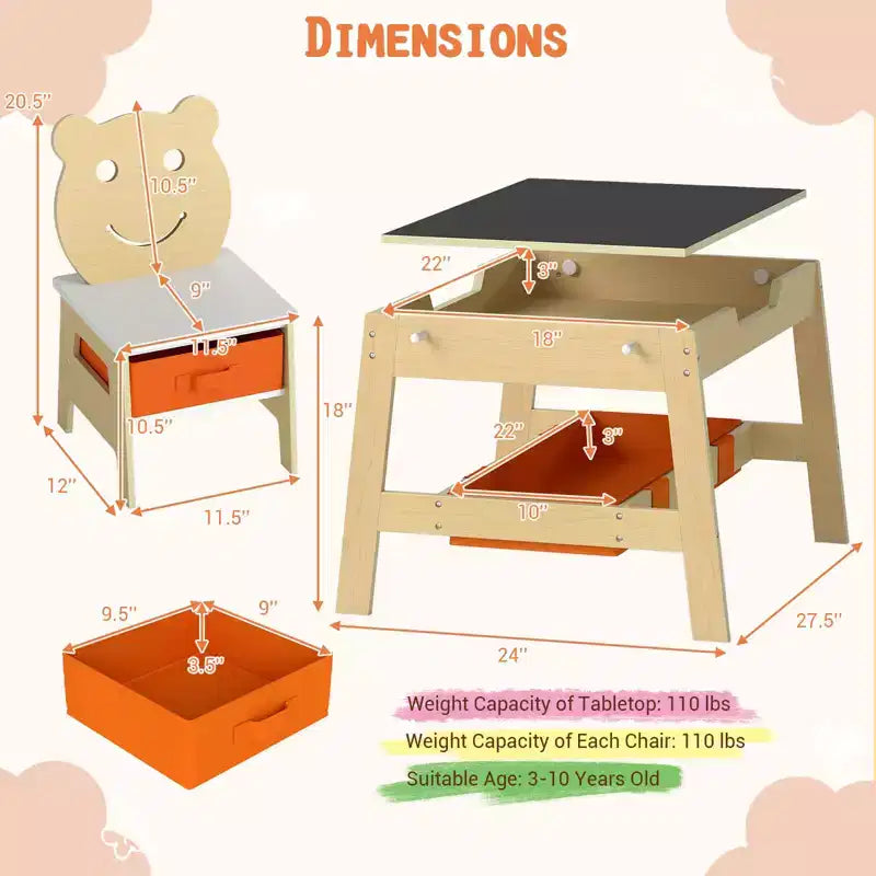 Costway Ensemble table et chaises 5 en 1 pour enfants avec tableau noir, tableau blanc, 3 bacs de rangement, 4 crochets gris + blanc/naturel + blanc + orange
