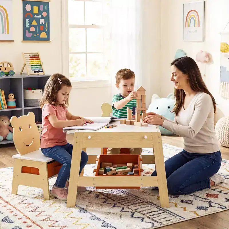 Costway Ensemble table et chaises 5 en 1 pour enfants avec tableau noir, tableau blanc, 3 bacs de rangement, 4 crochets gris + blanc/naturel + blanc + orange