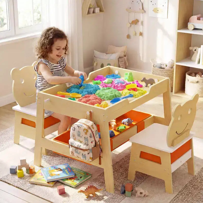 Costway Ensemble table et chaises 5 en 1 pour enfants avec tableau noir, tableau blanc, 3 bacs de rangement, 4 crochets gris + blanc/naturel + blanc + orange