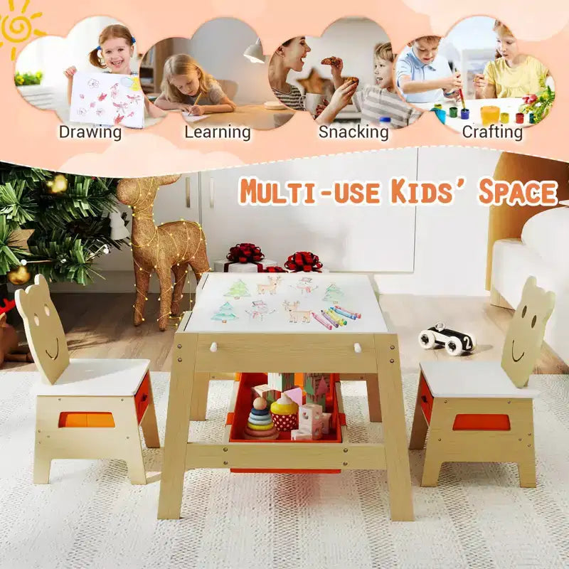 Costway Ensemble table et chaises 5 en 1 pour enfants avec tableau noir, tableau blanc, 3 bacs de rangement, 4 crochets gris + blanc/naturel + blanc + orange