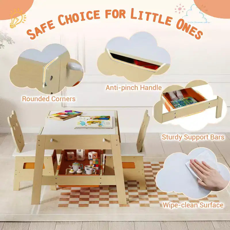 Costway Ensemble table et chaises 5 en 1 pour enfants avec tableau noir, tableau blanc, 3 bacs de rangement, 4 crochets gris + blanc/naturel + blanc + orange