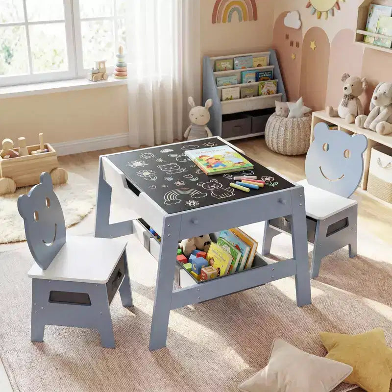 Costway Ensemble table et chaises 5 en 1 pour enfants avec tableau noir, tableau blanc, 3 bacs de rangement, 4 crochets gris + blanc/naturel + blanc + orange