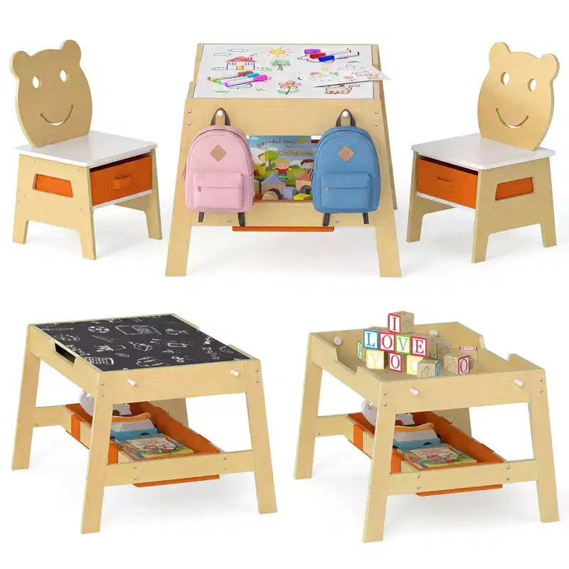 Costway Ensemble table et chaises 5 en 1 pour enfants avec tableau noir, tableau blanc, 3 bacs de rangement, 4 crochets gris + blanc/naturel + blanc + orange