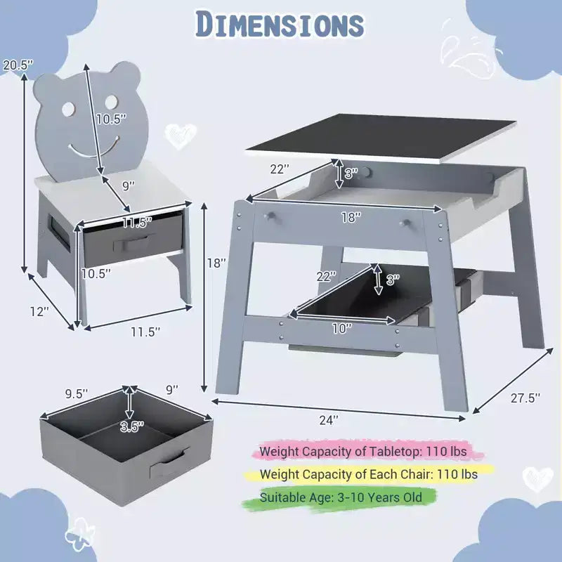 Costway Ensemble table et chaises 5 en 1 pour enfants avec tableau noir, tableau blanc, 3 bacs de rangement, 4 crochets gris + blanc/naturel + blanc + orange