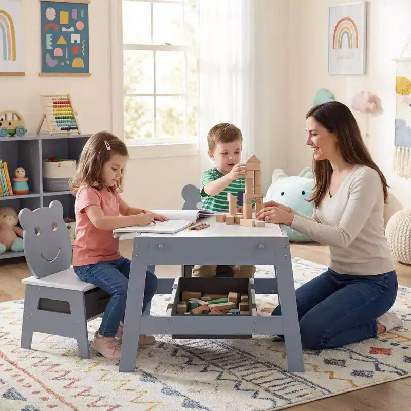 Costway Ensemble table et chaises 5 en 1 pour enfants avec tableau noir, tableau blanc, 3 bacs de rangement, 4 crochets gris + blanc/naturel + blanc + orange