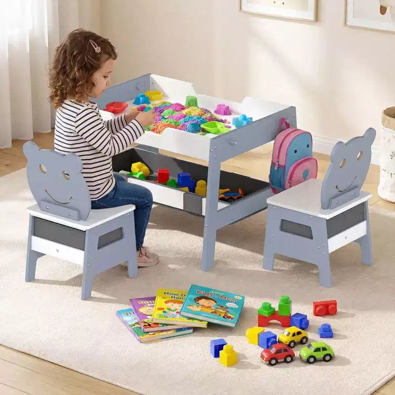 Costway Ensemble table et chaises 5 en 1 pour enfants avec tableau noir, tableau blanc, 3 bacs de rangement, 4 crochets gris + blanc/naturel + blanc + orange