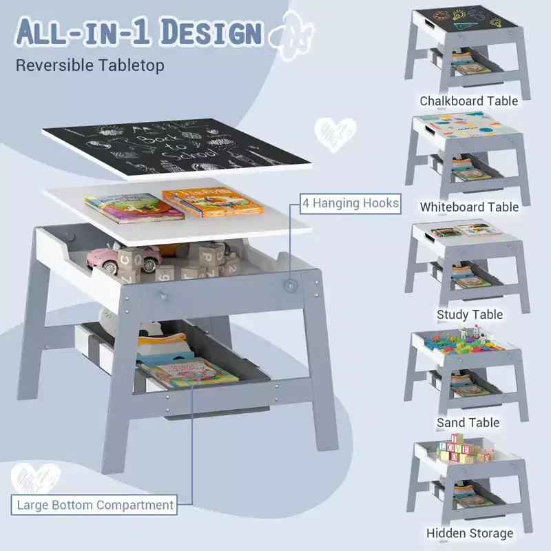 Costway Ensemble table et chaises 5 en 1 pour enfants avec tableau noir, tableau blanc, 3 bacs de rangement, 4 crochets gris + blanc/naturel + blanc + orange