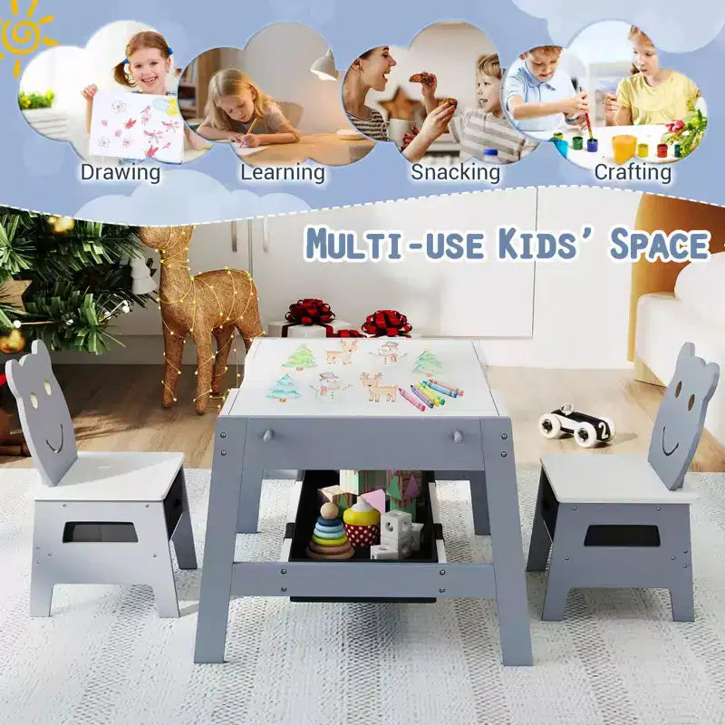 Costway Ensemble table et chaises 5 en 1 pour enfants avec tableau noir, tableau blanc, 3 bacs de rangement, 4 crochets gris + blanc/naturel + blanc + orange