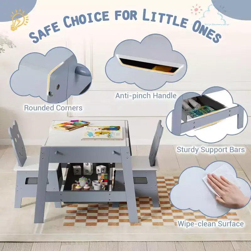 Costway Ensemble table et chaises 5 en 1 pour enfants avec tableau noir, tableau blanc, 3 bacs de rangement, 4 crochets gris + blanc/naturel + blanc + orange