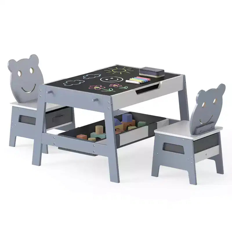 Costway 5-in-1 Kids' Table & Chair Set with Chalkboard, Whiteboard, 3 Storage Bins, 4 Hooks Gray + White/Natural + White + Orange