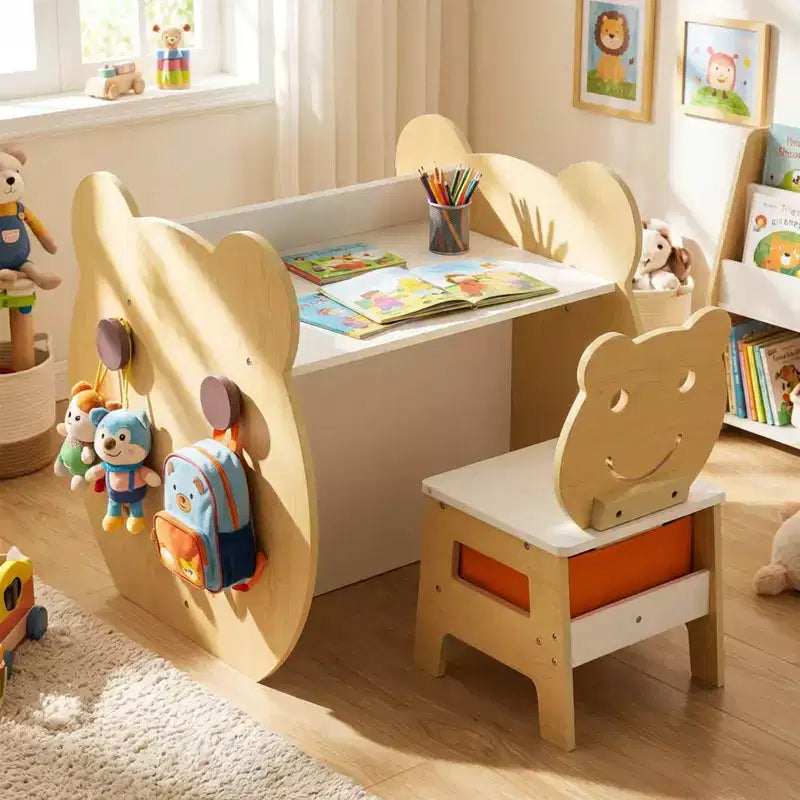 Table et chaise d'art 3-en-1 pour enfants Costway. Tableau blanc/tableau noir réversible, rangement et crochets bois naturel et blanc/gris