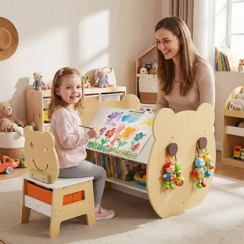 Table et chaise d'art 3-en-1 pour enfants Costway. Tableau blanc/tableau noir réversible, rangement et crochets bois naturel et blanc/gris