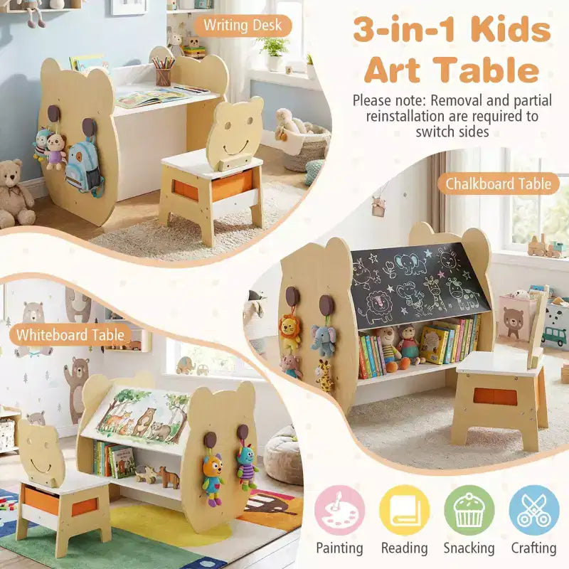 Table et chaise d'art 3-en-1 pour enfants Costway. Tableau blanc/tableau noir réversible, rangement et crochets bois naturel et blanc/gris