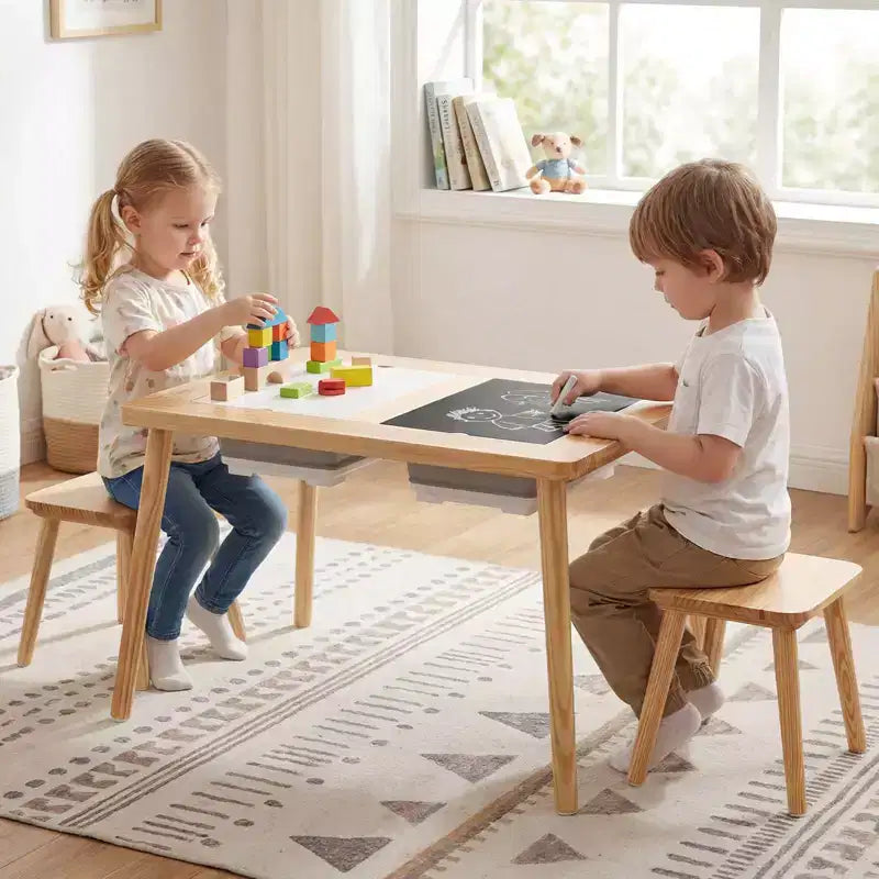 Costway Table et chaises pour enfants avec dessus de table double face détachables Naturel + Blanc + Noir/Gris