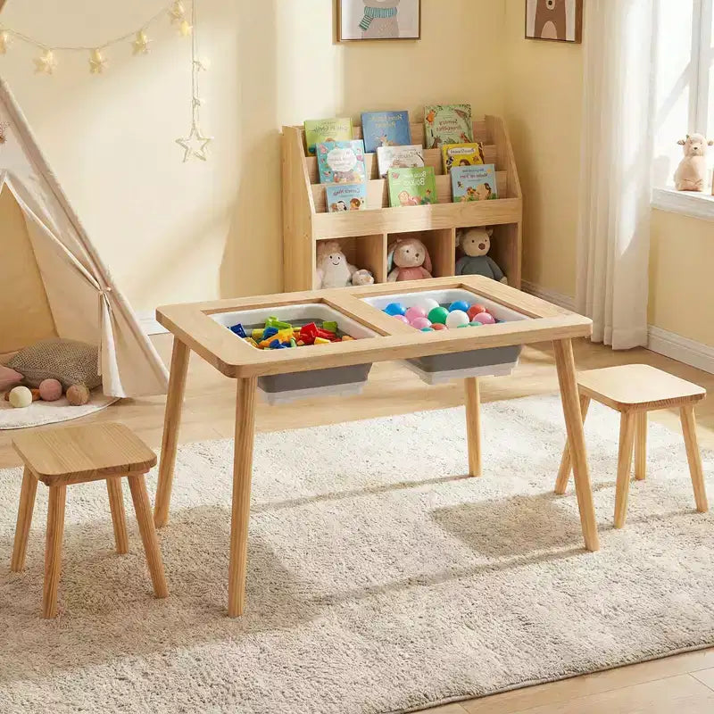 Costway Table et chaises pour enfants avec dessus de table double face détachables Naturel + Blanc + Noir/Gris