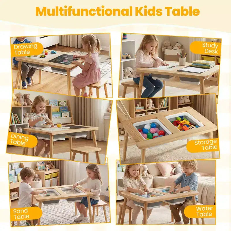 Costway Table et chaises pour enfants avec dessus de table double face détachables Naturel + Blanc + Noir/Gris