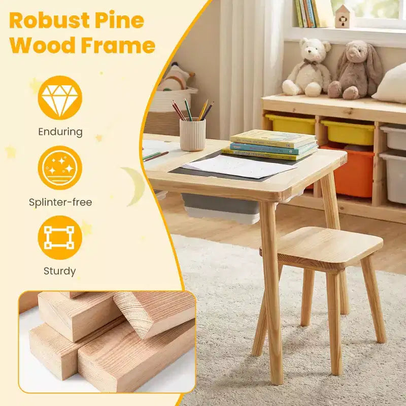 Costway Table et chaises pour enfants avec dessus de table double face détachables Naturel + Blanc + Noir/Gris