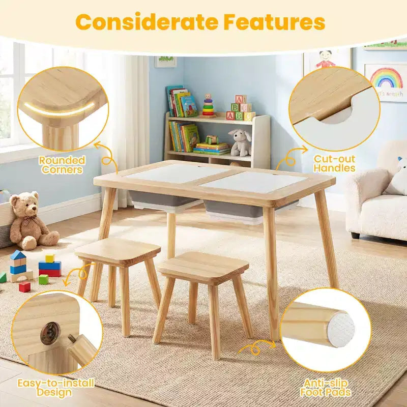 Costway Table et chaises pour enfants avec dessus de table double face détachables Naturel + Blanc + Noir/Gris