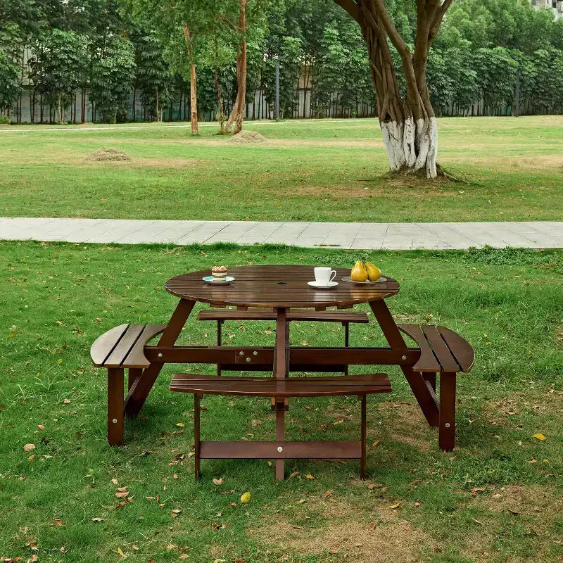 Outdoor 8 Person Picnic Table with Built-in Benches, Round Design, for Patio or Porch