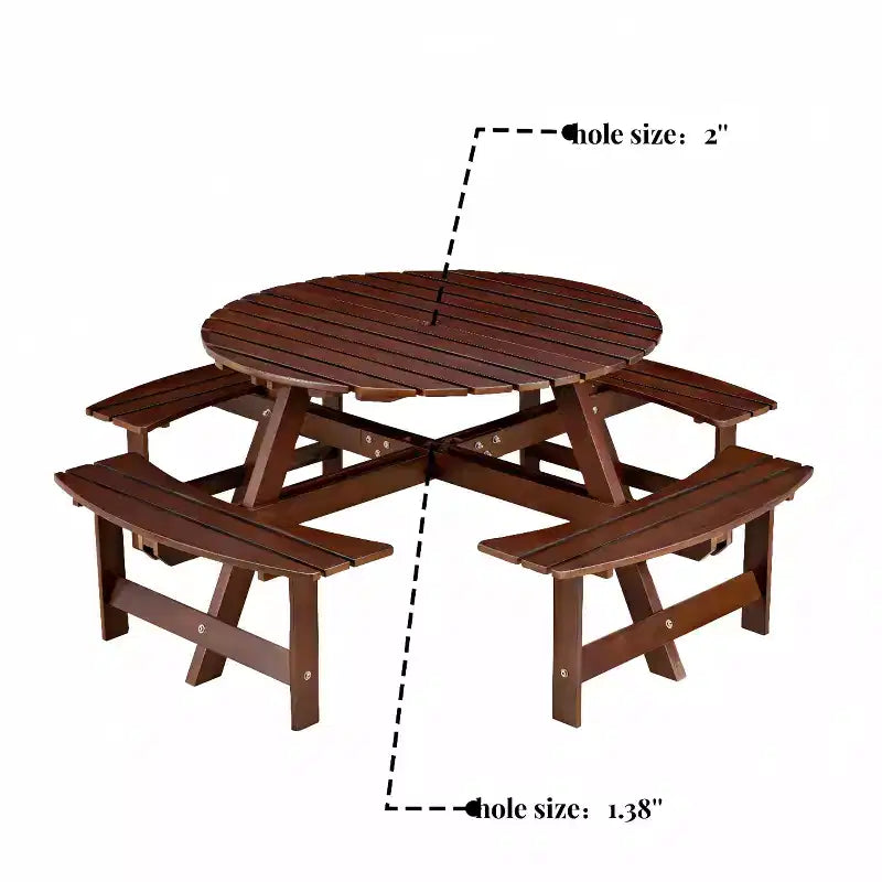 Table de pique-nique extérieure ronde pour 8 personnes avec bancs intégrés, pour patio ou véranda
