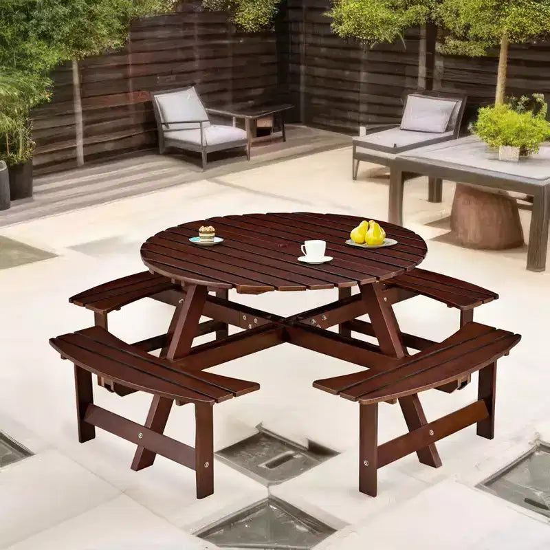 Table de pique-nique extérieure ronde pour 8 personnes avec bancs intégrés, pour patio ou véranda