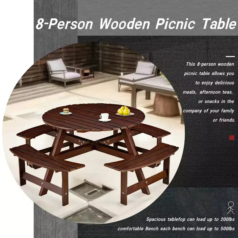 Table de pique-nique extérieure ronde pour 8 personnes avec bancs intégrés, pour patio ou véranda