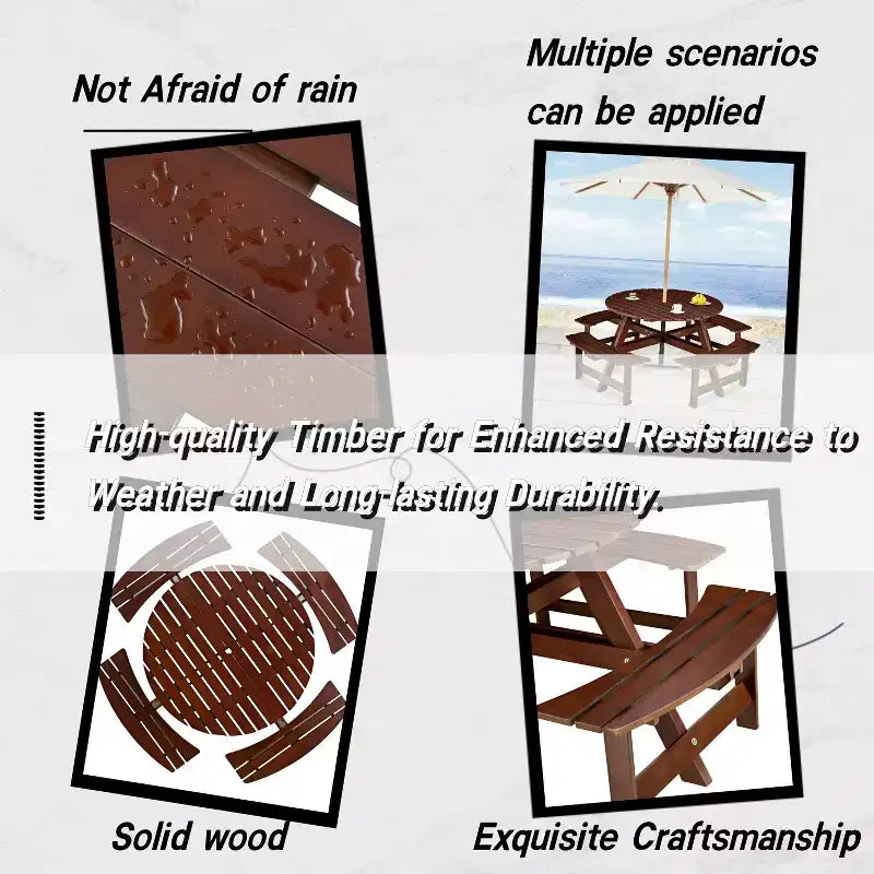 Table de pique-nique extérieure ronde pour 8 personnes avec bancs intégrés, pour patio ou véranda