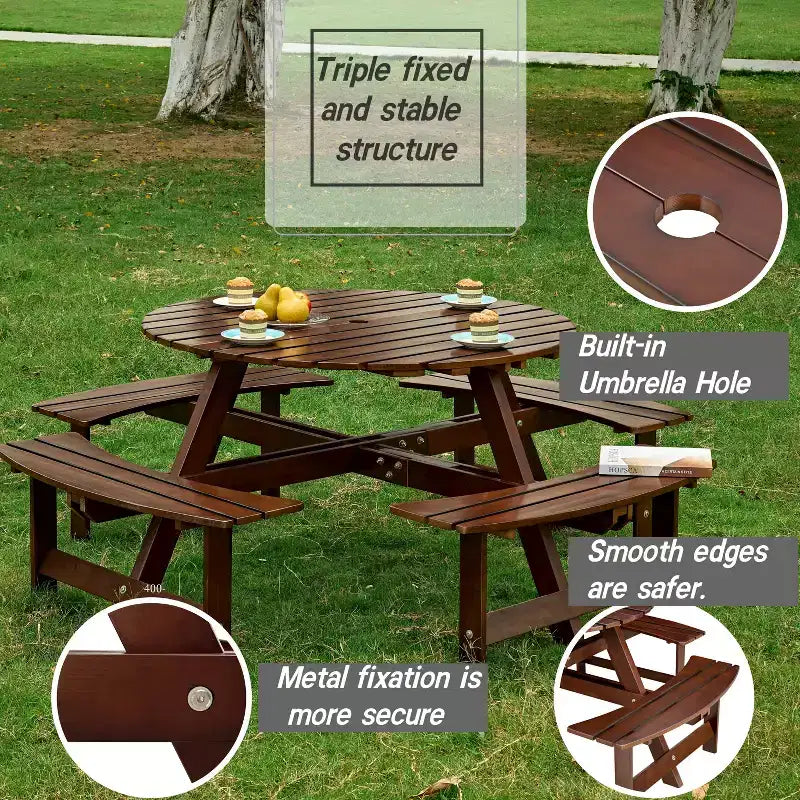 Table de pique-nique extérieure ronde pour 8 personnes avec bancs intégrés, pour patio ou véranda