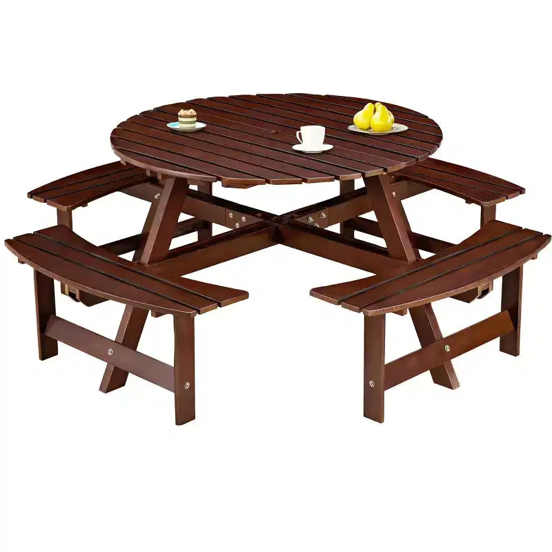Table de pique-nique extérieure ronde pour 8 personnes avec bancs intégrés, pour patio ou véranda