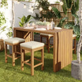 Whisen 5-Piece Outdoor Patio Furniture Set Acacia Wood Bar Set with Bar Height Table, 4 Stools and Cushions